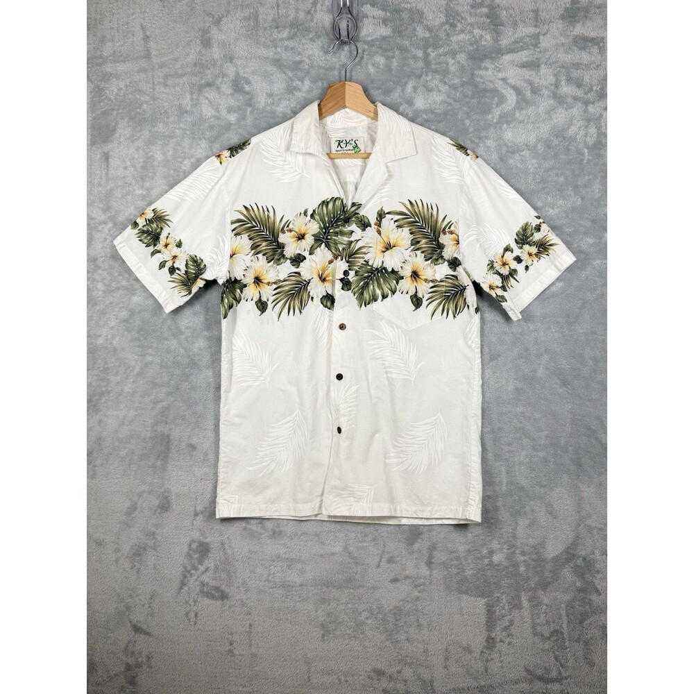 Ky's Made in Hawaii Cotton White Hibiscus Hawaiian TShirt Floral Made in USA